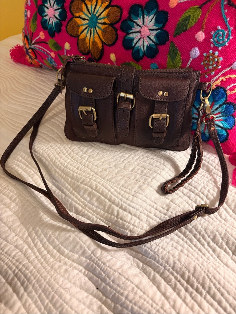 Women's Brown Leather Crossbody Bag with Front Buckle Pockets